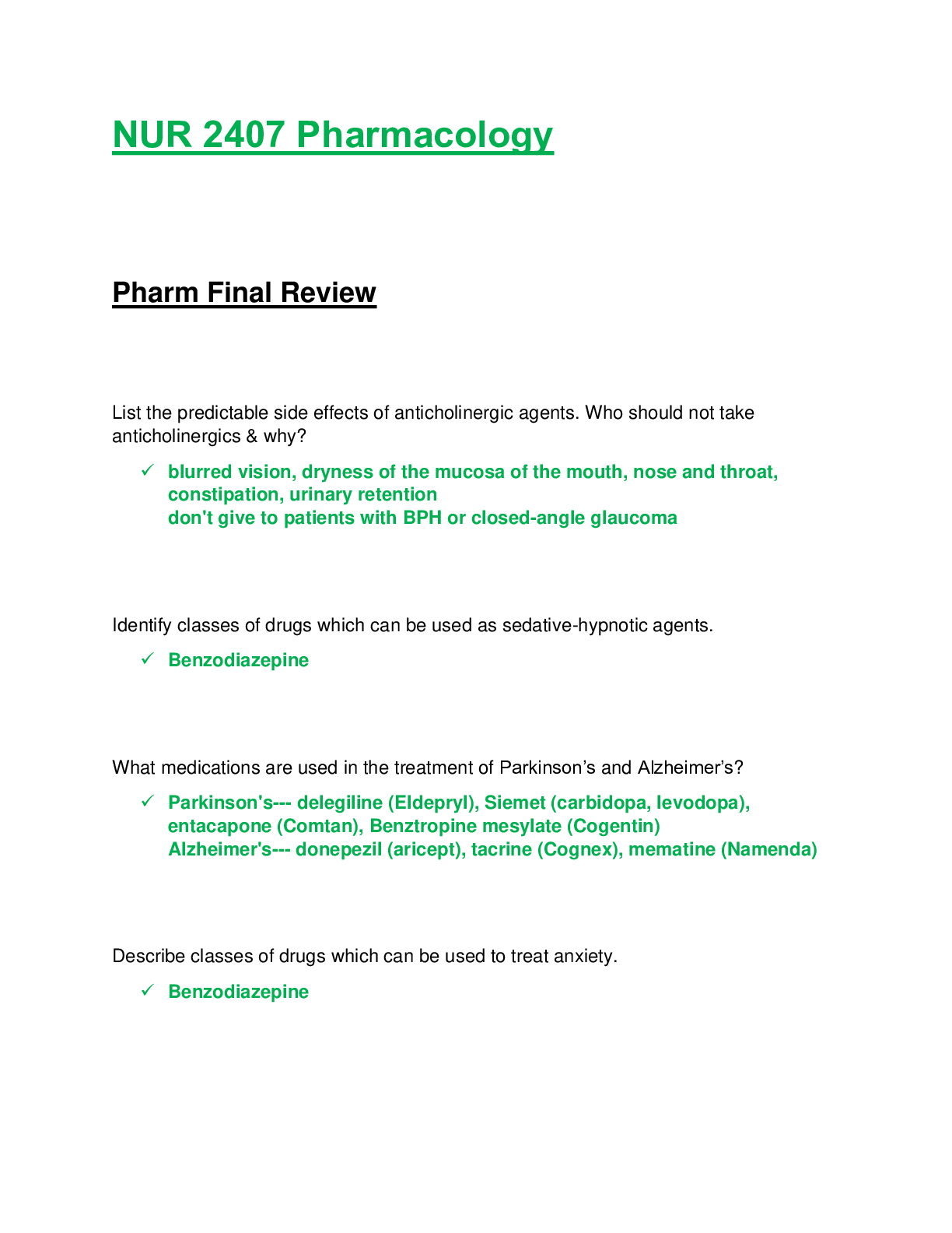 Preview of NUR2407 / NUR 2407: Pharmacology Final Exam Review (2020) Rasmussen